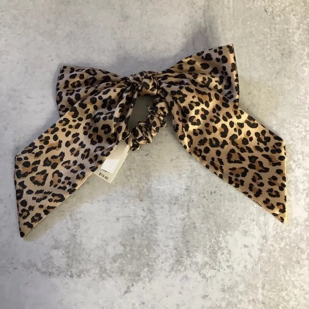 J. Crew Satin Scrunchie with Bow in Sand Leopard Print NEW